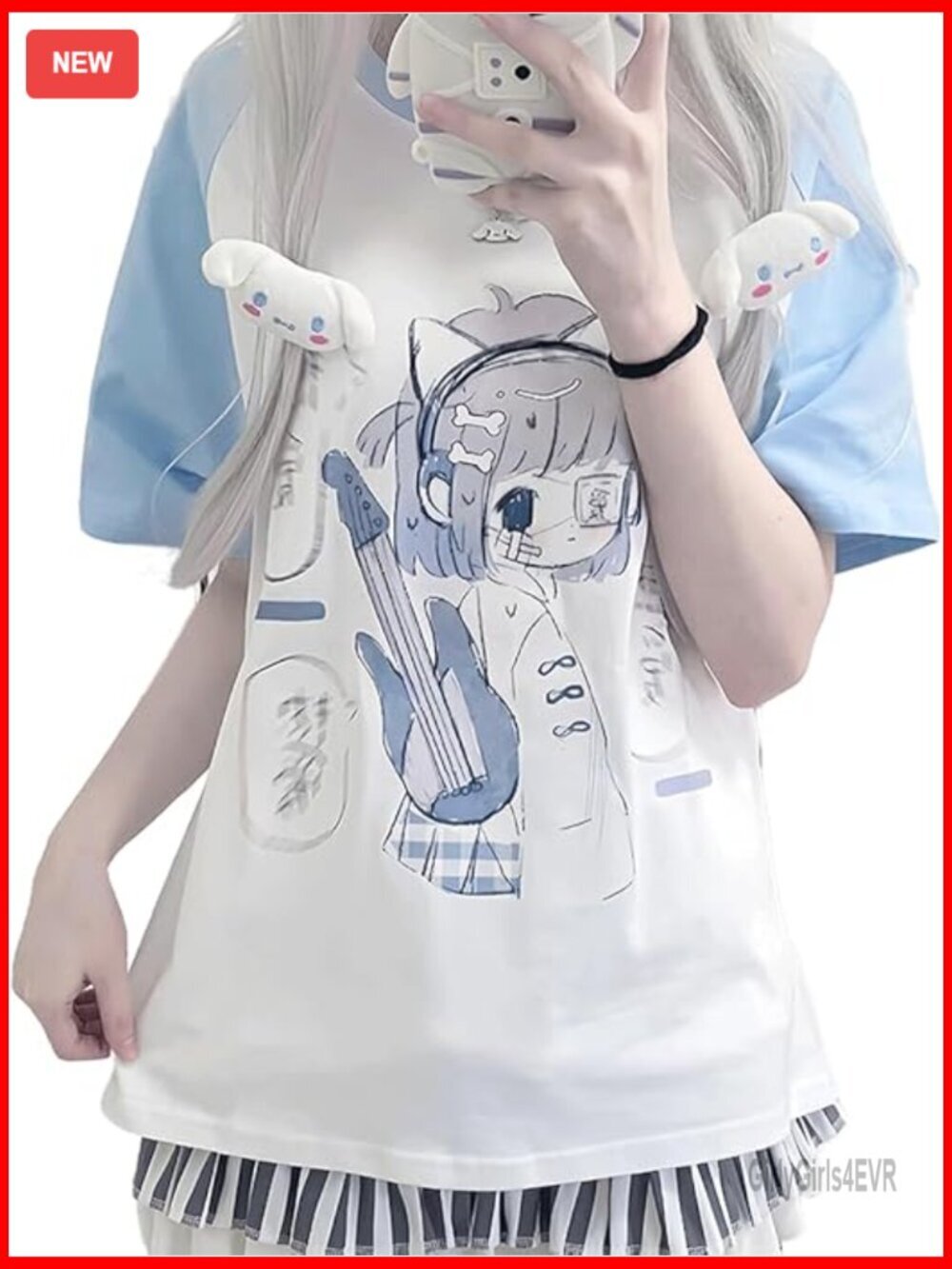 Soft Raglan Sleeve Crewneck Cartoon Guitar Girl Print T-Shirt